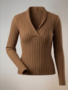 Bec & Bridge Brown Ribbed Shawl V-Neck Sweater M Quiet Luxury Capsule Wardrobe